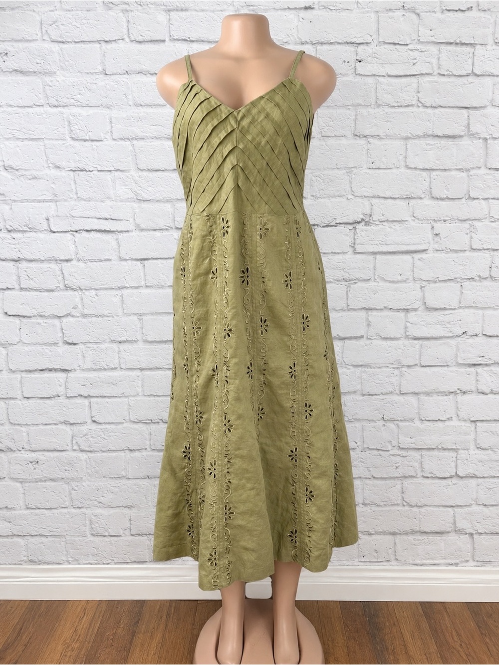 Ann Gerliss Linen Eyelet Midi Dress Women’s 12 Olive Green Pintuck